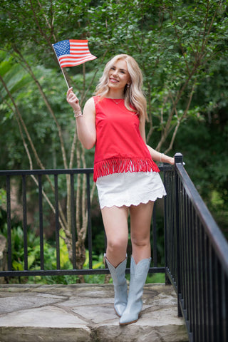 Red Fringe Hem Sleeveless Top