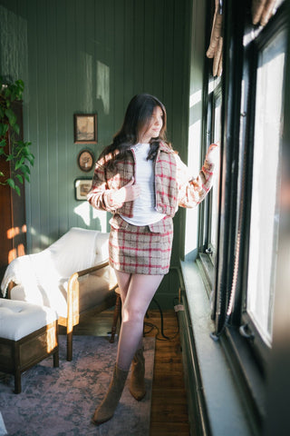 Taupe Plaid Wool Mini Skirt