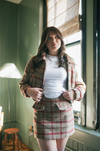 Taupe Plaid Wool Cropped Jacket