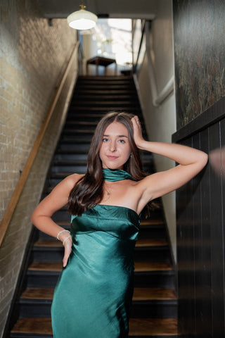 Green Satin Draped Back Maxi Dress