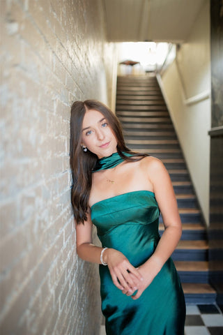 Green Satin Draped Back Maxi Dress