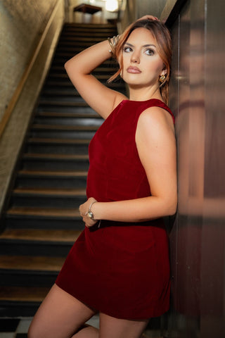 Carmine Red Velvet Mini Dress