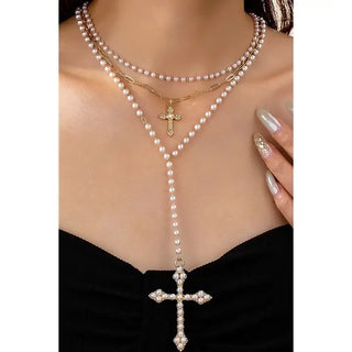 Pearl Lariat Layered Cross Necklace