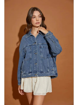Medium Wash Back Pleated Denim Jacket