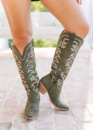 Faye Olive Suede Cowgirl Boots | Select Trends Boutique