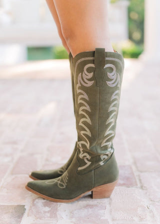 Faye Olive Suede Cowgirl Boots | Select Trends Boutique