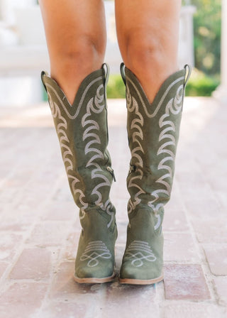 Faye Olive Suede Cowgirl Boots | Select Trends Boutique