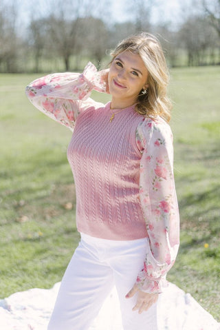 Floral Sleeve Cable Knit Top | Select Trends Boutique
