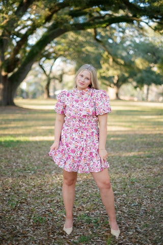 Fuchsia Floral Belted Babydoll Dress | Select Trends Boutique