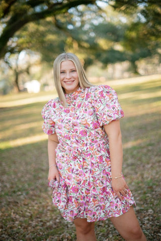 Fuchsia Floral Belted Babydoll Dress - Select Trends Boutique