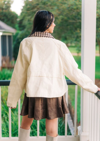 Gingham Detail Cream Canvas Jacket | Select Trends Boutique