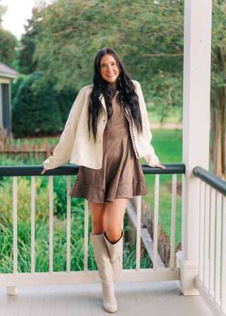 Gingham Detail Cream Canvas Jacket | Select Trends Boutique