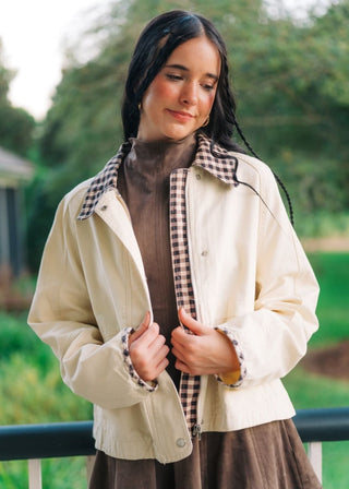 Gingham Detail Cream Canvas Jacket | Select Trends Boutique