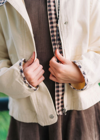 Gingham Detail Cream Canvas Jacket | Select Trends Boutique