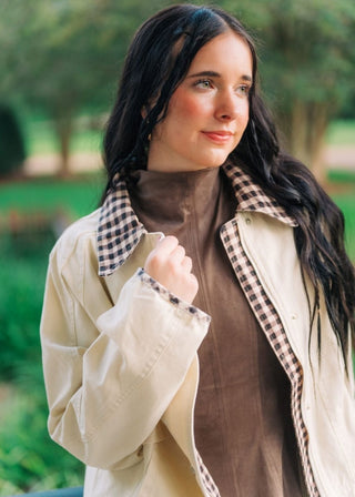Gingham Detail Cream Canvas Jacket | Select Trends Boutique
