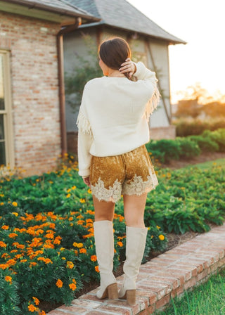 Gold & Cream Lace Trim Velvet Shorts | Select Trends Boutique