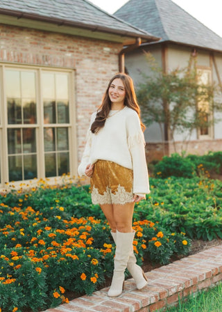 Gold & Cream Lace Trim Velvet Shorts | Select Trends Boutique
