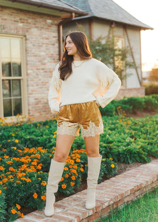 Gold & Cream Lace Trim Velvet Shorts | Select Trends Boutique