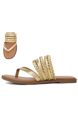 Gold metallic braided flip flops with multiple straps and a cushioned bottom, front and side view