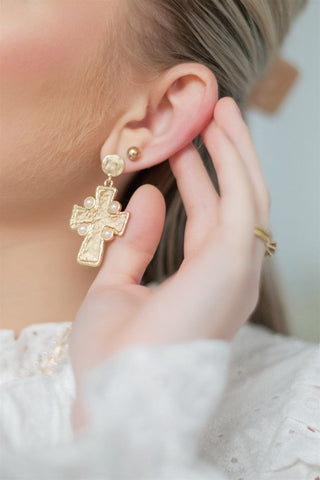 Gold Pearl Detail Cross Drop Earrings - Select Trends Boutique