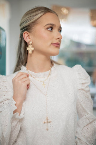 Gold Pearl Detail Cross Drop Earrings - Select Trends Boutique