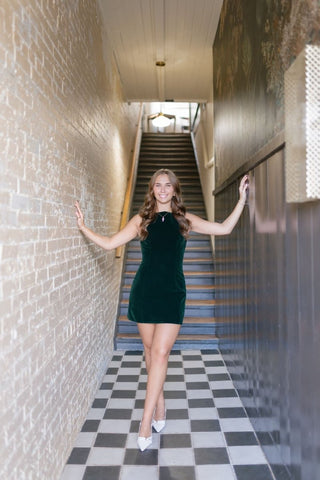 Green Boat Neck Velvet Mini Dress | Select Trends Boutique