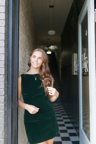 Green Boat Neck Velvet Mini Dress | Select Trends Boutique