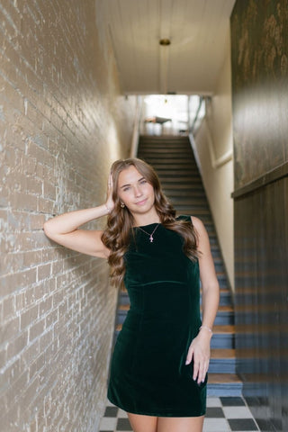 Green Boat Neck Velvet Mini Dress | Select Trends Boutique