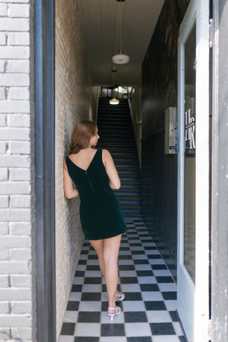 Green Boat Neck Velvet Mini Dress | Select Trends Boutique