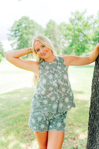 Green Eyelet Vest & Shorts Set | Select Trends Boutique