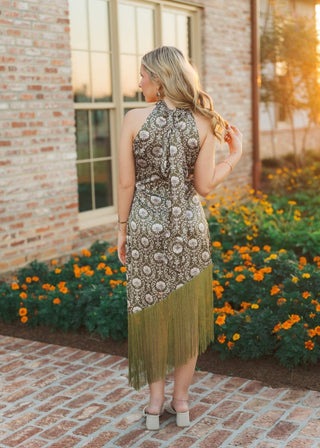 Green Floral Halter Fringe Hem Midi Dress | Select Trends Boutique