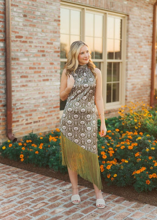 Green Floral Halter Fringe Hem Midi Dress | Select Trends Boutique