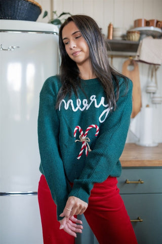 Green Merry Embroidered Sweater | Select Trends Boutique