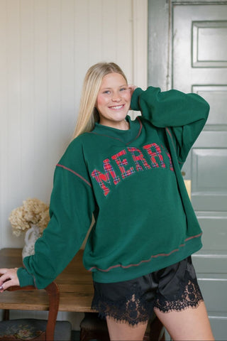 Green Merry Plaid Embroidered Sweatshirt | Select Trends Boutique