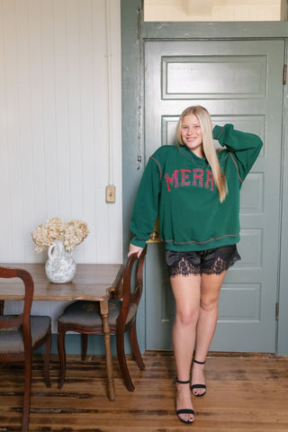 Green Merry Plaid Embroidered Sweatshirt | Select Trends Boutique