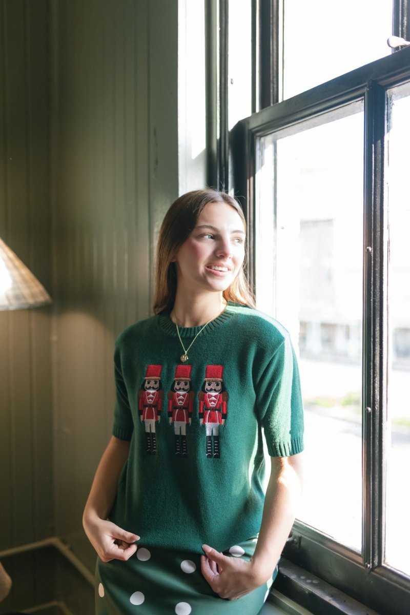 Green Nutcracker Knit Short Sleeve Top