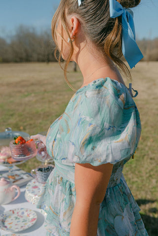Green Printed Puff Sleeve Mini Dress