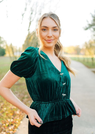 Green Rhinestone Bow Front Velvet Blouse - Select Trends Boutique
