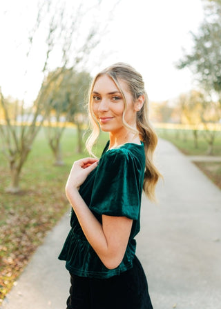 Green Rhinestone Bow Front Velvet Blouse - Select Trends Boutique