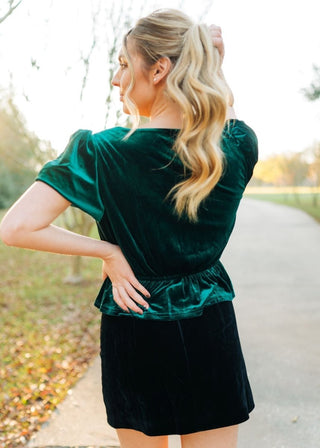Green Rhinestone Bow Front Velvet Blouse - Select Trends Boutique