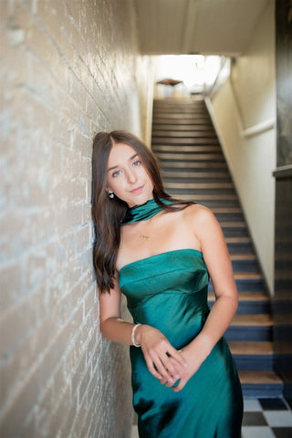 Green Satin Draped Back Maxi Dress | Select Trends Boutique
