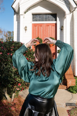 Green Sequin Cuff Satin Blouse | Select Trends Boutique