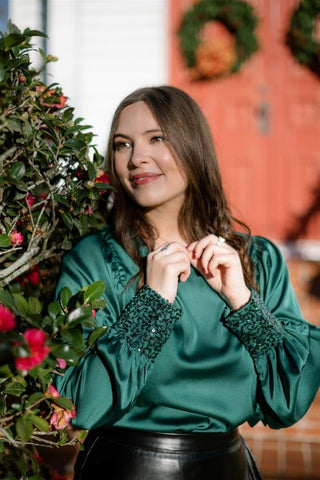 Green Sequin Cuff Satin Blouse | Select Trends Boutique