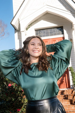 Green Sequin Cuff Satin Blouse | Select Trends Boutique