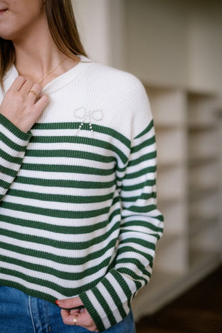 Green Striped Bow Front Sweater - Select Trends Boutique
