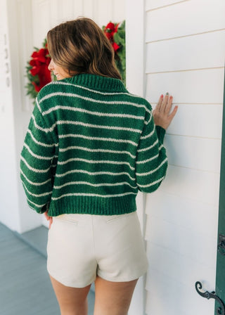Green Striped Button Front Collar Sweater | Select Trends Boutique