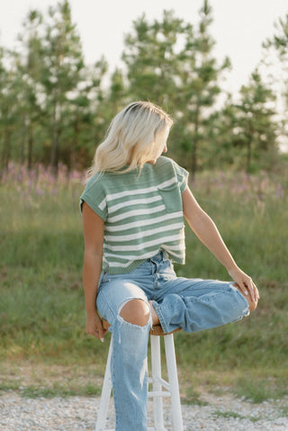 Green Striped Mock Neck Knit Top