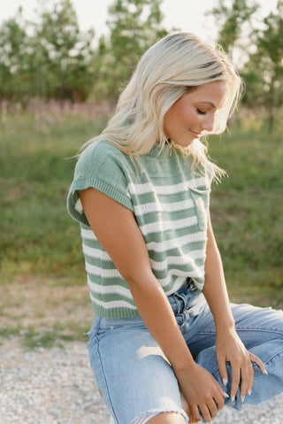 Green Striped Mock Neck Knit Top