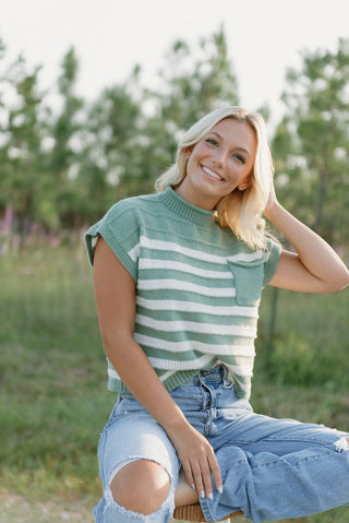 Green Striped Mock Neck Knit Top