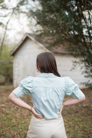 Green Striped Short Puff Sleeve Blouse | Select Trends Boutique